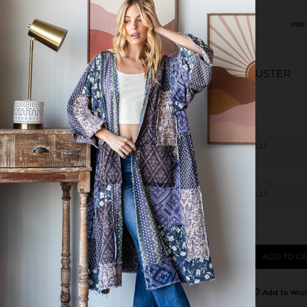 Oli & Hali Navy Blue and Cream Patchwork Duster Kimono